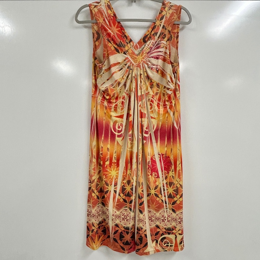 One World Large Boho Abstract Print Dress | Orange Ruched V-Neck Midi Tunic